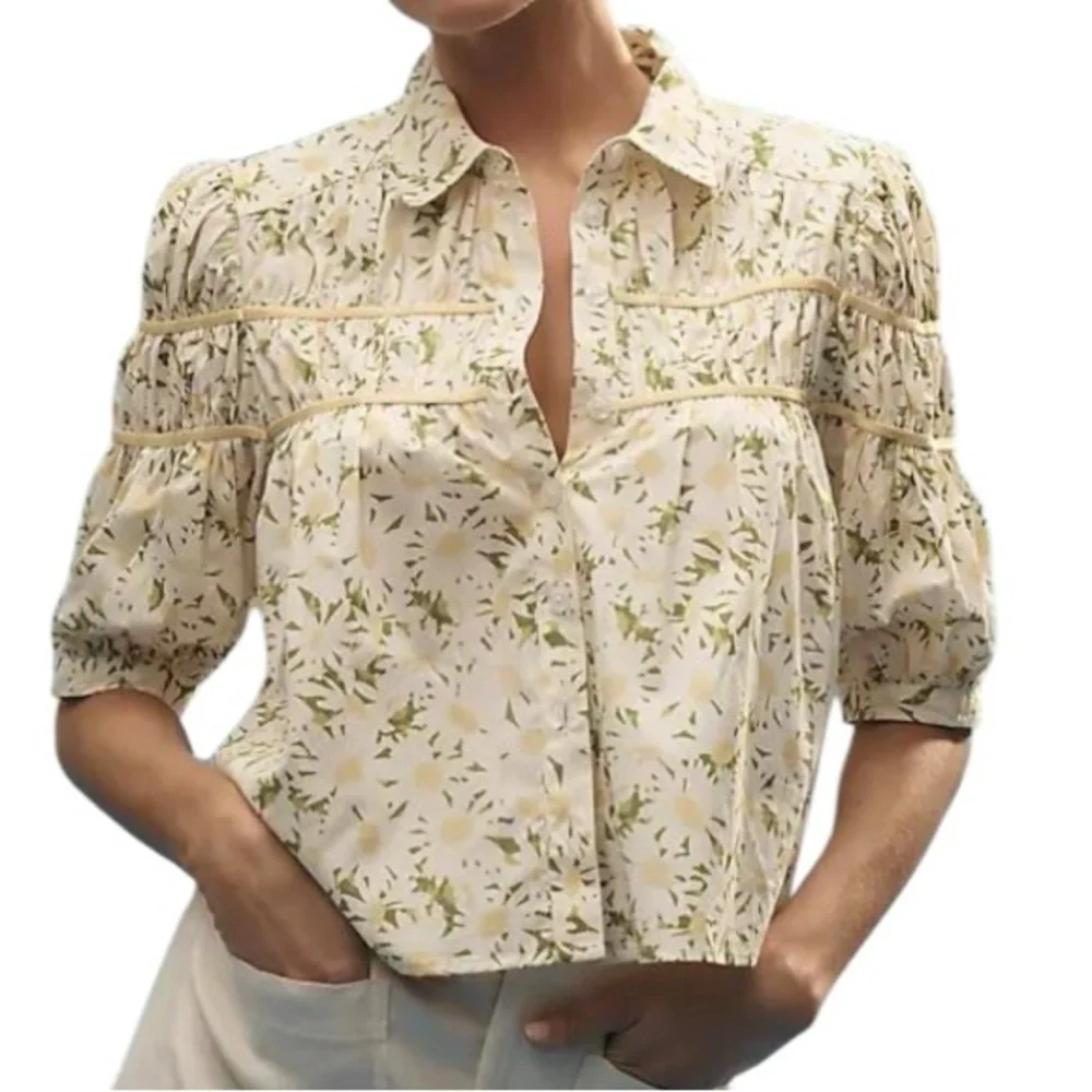 Maeve Anthropologie Shirred Leandra Daisy Floral Women's Top - White and Yellow - Picture 5 of 9